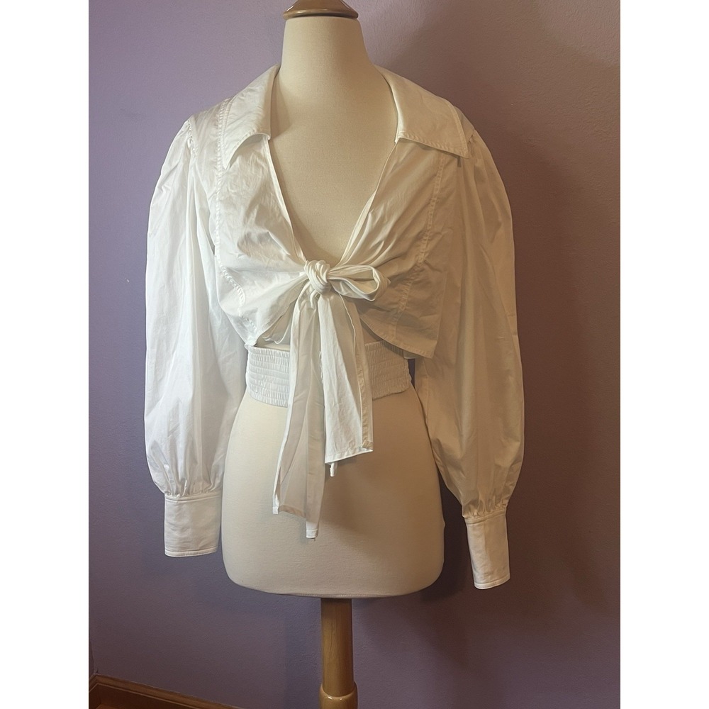 C/Meo Collective White Tie Front Sustained Cropped Crop Top Blouse Size Small